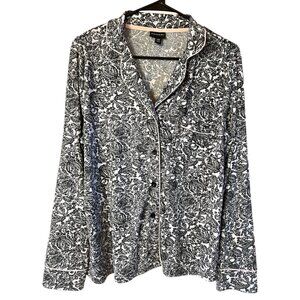 Tahari Womens Black & White Floral Pajama Top Long Sleeve Button-Up Pink Trim M